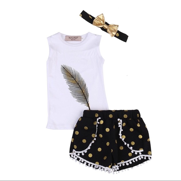 Rosie 3-Piece Feather Top Pom Pom Shorts &HeadBand - Picture 7 of 7